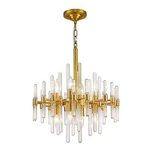 SILJOY Golden Crystal Chandelier, 18.9" Wide Pendant Light Fixture, 8-Lights Brass Ceiling Light for Dining Room Living Room Kitchen Island Modern Chic Luxurious