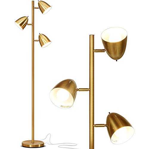 YONG LED Classy Floor Lamp - Mid Century Modern Adjustable 3 Light Tree - Standing Tall Pole Lamp with 3 LED Bulbs - Antique Brass/Gold - for Living Rooms & Bedrooms