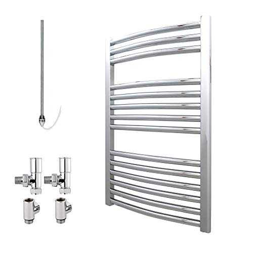Sol*Aire Heating Products Bray Curved Dual Fuel Heated Towel Rail/Warmer/Radiator, Chrome. Round Tube, 25mm Bars, High Output, For Bathroom, Kitchen, 800 x 500