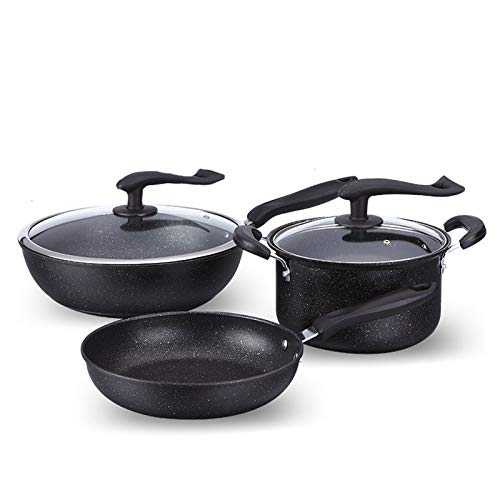 Kanqingqing Cookware Set 3-Piece Kitchen Cookware Set,Saucepan,Stock Pot, Saute Pan With Toughened Glass Lids And Heat-Resistant Handles Ideal for Healthy Cooking (Color : Black, Size : Free size)