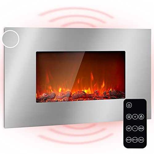Klarstein Lausanne Luxe Electric Fireplace - Power: 2000 W, 2 Heat Settings, Width: 90 cm, Flame Effect, Stainless Steel Front, Adjustable Brightness, Remote Control, Wall Mounting - Silver