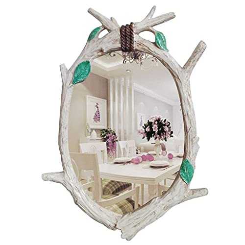 Nordic Retro Oval Wall Hanging Decorative Mirror Bedroom Convenient Waterproof Dressing Mirror (Color : Slightly White Size : 60cm*85cm) (Color : White Green Leaves Size : 60cm*85cm)