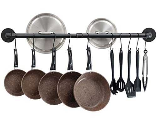 OROPY Wall Mount Pot Pan Bar Rack, 100cm Metal Industrial Style Hanging Rail Kitchen Utensils Hanger Organiser with 14 Hooks, Black