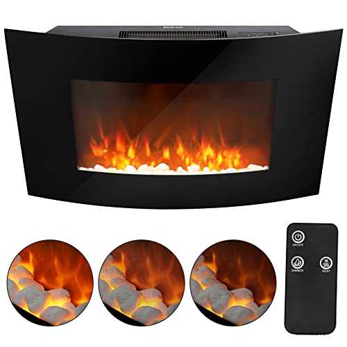INMOZATA Electric Fire Wall Mounted 35inch Curve Glass Electric Fireplace Low Noise Electric Stove Fire Heater Pebbles Realistic Flame Effect with Remote Control