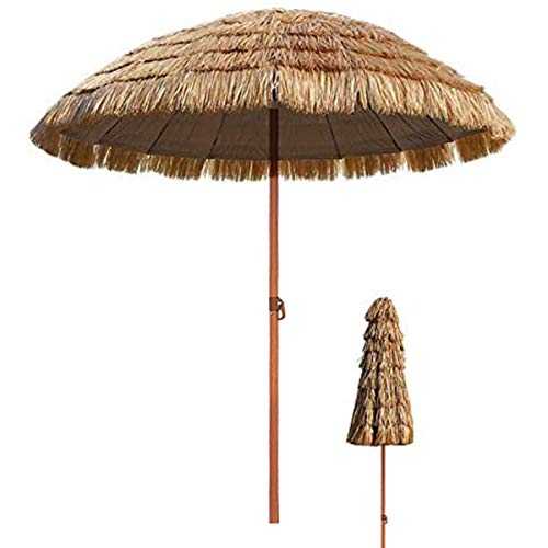 Tx Ø 7.8ft / 2.4m Tropical Hawaiian Beach Straw Parasol Umbrella, Outdoor Waterproof Sun Shade for Garden Pool Patio Umbrellas Round with Tilt Function (Natural Color)
