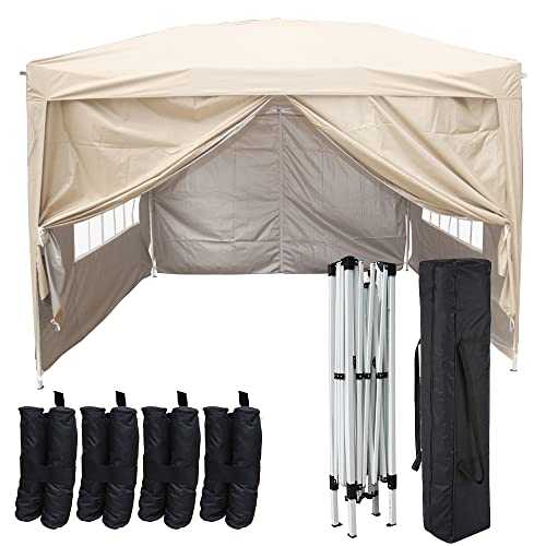 Greenbay 3m x 3m Pop-Up Garden Pop Up Gazebo with 4 x Weight-Bags, 4 x Side Panels and Carry Case - Choice of Colours (Beige)