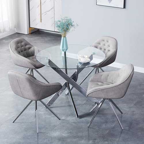 GOLDFAN Glass Round Dining Table and Chairs Set 4 Modern Kitchen Table and Velvet Chairs with Chrome Legs for Dining Room, Grey/100cm
