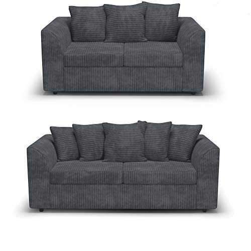 Red Fern Grey Fabric Jumbo Cord Sofa Settee Couch 3+2 Seater