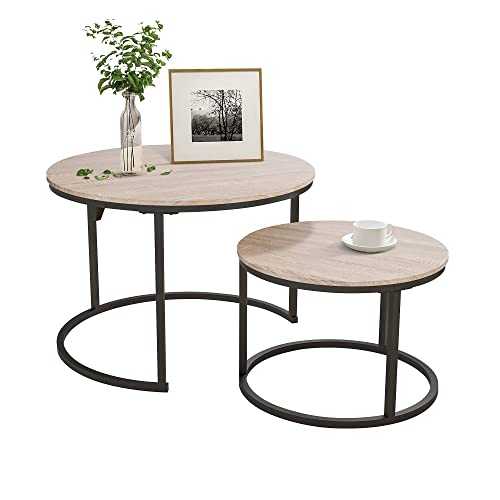 HOJINLINERO Black Round Coffee Table Set of 2 Side/ End Table for Living Room, Bedroom Decorations, Industrial Stacking Wood Look Accent Furniture with Metal Frame, Black+Teak OAK