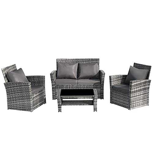 Outdoor Patio Rattan Garden Furniture Set, 4 Seater Garden Rattan Furniture Sofa with Gray Cushion and Tempered Glass Tabletop Coffee Table