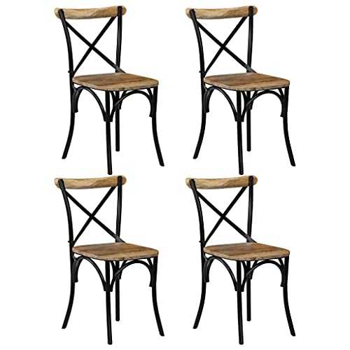 vidaXL 4x Solid Mango Wood Cross Chairs Steel Frame Open Crossed Back Design Classic Style Dining Chair Dinner Seat Kitchen Furniture Black