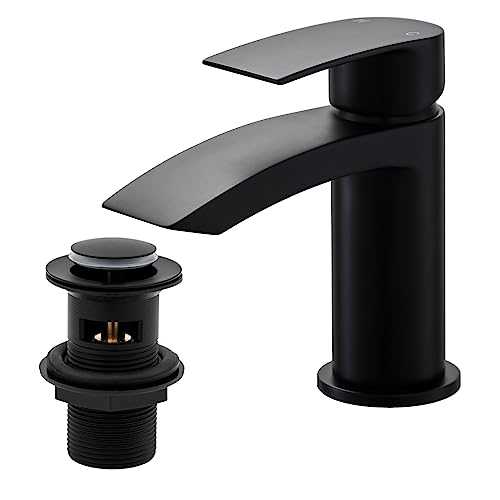 Black Waterfall Basin Mixer Taps with Drain, BATHWEST Basin Taps with Pop Up Waste, Monobloc Chromed Brass Basin Taps with Sink Plug 882AMB