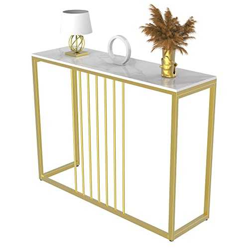 Slim Console Table Hallway Unit: White Marble Top Consoles Desk Long 100cm High Gloss Sintered Stone Marbles Effect and Gold Frame Narrow Tall Modern Sofa Side Tables Entryway Furniture Decor
