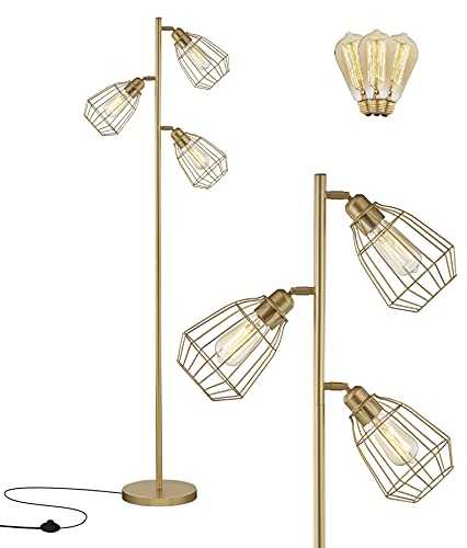 Modern Gold Tree Floor Lamp Industrial Floor Lamps for Living Rooms Bedrooms Office with Bright Reading Lighting Farmhouse Rustic Vintage Standing Tall Lamp Golden Stand Up Lamp 3 Bulbs Included