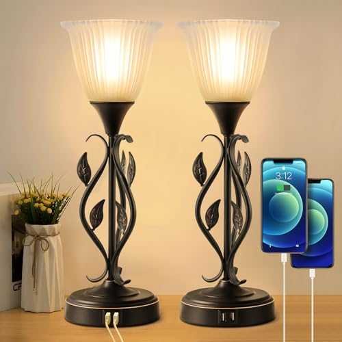 2 Pack Table Lamp - Bedside Lamps with Dual USB Ports and Linen Fabric Lampshade Modern Accent Nightstand Lamps for Bedrooms Living Room