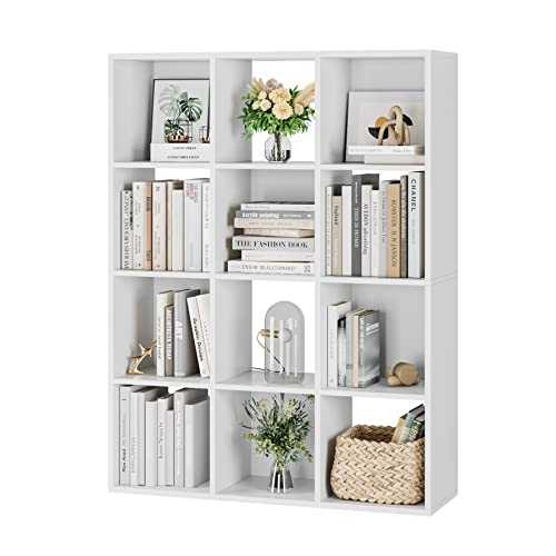 HOCSOK Cube Bookcase Bookshelf with 12 Cube Storage Units Wooden Display Shelving Storage Unit Office Living Room Furniture, White, 91 x 29 x 120 cm