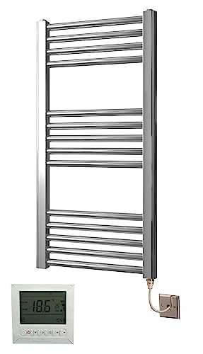 Greened House Electric Chrome 400W x 800H Flat Towel Rail + Timer and Room Thermostat Bathroom Towel Rails