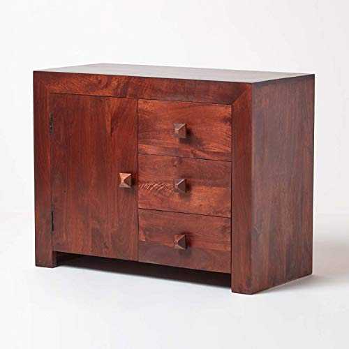 HOMESCAPES Dark Wood Small Sideboard with Drawers Modern Dakota Solid Mango Wood Living Room Furniture (No Veneer)