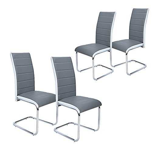 Panana 4Pcs New Gray Faux Leather Dining Chairs High Back and Chrome Legs Dining Chair Set Dining Kitchen Room Chair (Grey with White, 4)