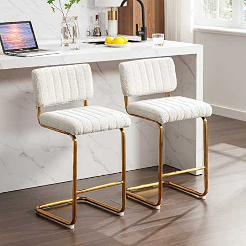 Zesthouse Mid-Century Counter Height Bar Stools Set of 2, 26 Inch Upholstered Boucle Fabric Counter Stools with Channel Tufting for Kitchen Island, Modern Armless Bar Chairs with Back & Gold Base