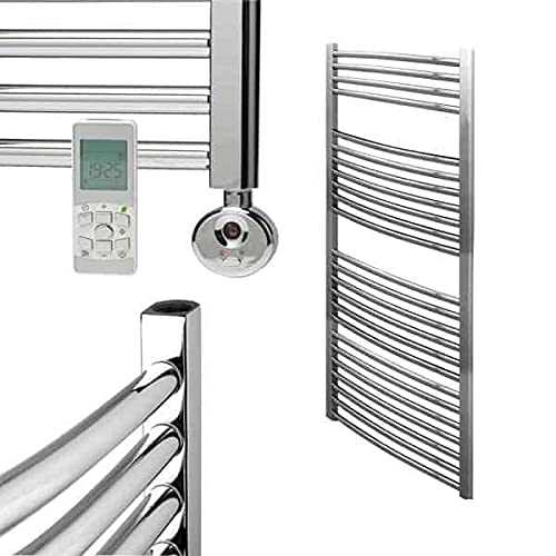 Bellerby Curved Thermostatic Electric Heated Towel Rail With Timer. Small, Medium And Large Sizes. Prefilled, LOT 20 / ErP Compliant, With IPX4 Splash Proof Element, Chrome, 1200 x 600
