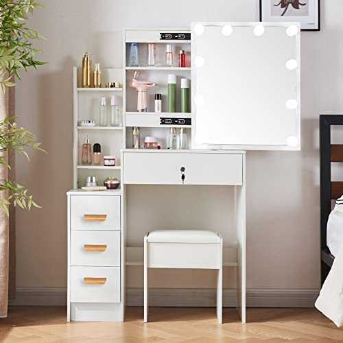LIANWANG Hollywood Makeup Vanity Desk Set with Sliding Lighted Mirror, Dressing Table with Cushioned Stool and 4 Drawers for Girls and Women. White