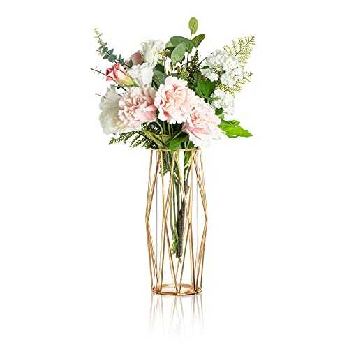 Glass Flower Vase with Gold Metal Stand 28cm Height - Modern Clear Cylinder Vase for Home Decor, Office, Party, Wedding Centerpieces