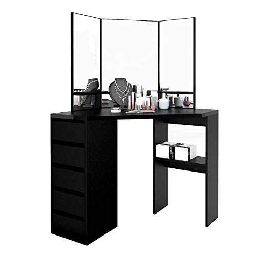 zoyo Corner Dressing Table with Three-Fold Mirror and 5 Drawers Vanity Makeup Desk Wooden Bedroom Dresser (Black)