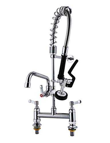 Commercial Pre-Rinse Kitchen Sink Taps with Pull Down Sprayer 7 Inch Center Mixer Faucets Dish Washing Brass Constructed Polished Chrome 7"Center Deck Mounted add-on 8" Swing Spout,5809
