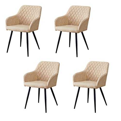 OFCASA Set of 4 Kitchen Dining Chairs Cream Faux Leather Upholstered Accent Tub Chairs with Diamond Backrest Arms Sofa Armchair for Living Room Reception Leisure Office
