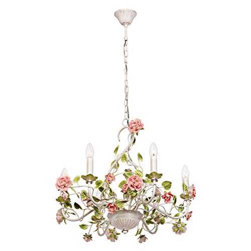 MW-Light 421013806 Floral Ceiling Light Metal White Gold Green Ceramics Pink Provence Dining Living Room 6 x 40W E14 230V Excl