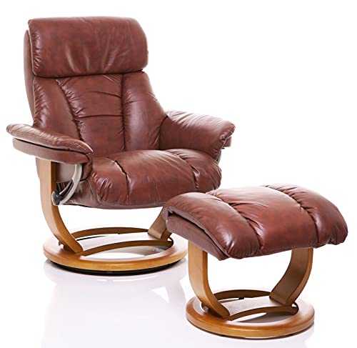 The Mars Chestnut Premium Genuine Leather Swivel Recliner Chair & Footstool