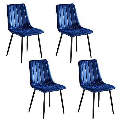 Contemporary Dining Chairs Set of 4 Blue Velvet Fabric Upholstered with Black Metal Legs, Occasional Kitchen Counter Chairs Living Room Side Chairs with Backrest Lounge Office Party Chairs