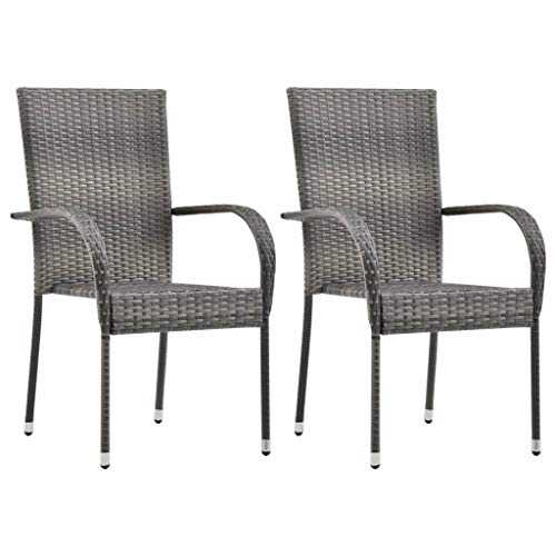 vidaXL 2x Stackable Outdoor Chairs Water Resistant Hardwearing Easy to Clean Outdoor Garden Patio Terrace Seating Furniture Grey Poly Rattan