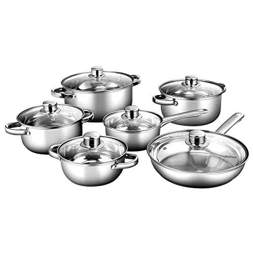 COSTWAY 6 Pieces Cookware Set Include Fry Pan, Saucepan and 4 Casseroles, Stainless Steel Cooking Pots with Glass Lid, Home Kitchen Induction Stock Pot Pan Sets (Stainless Steel Pan)