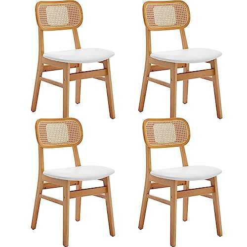 Wahson Rattan Dining Chairs Set of 4 Upholstered Kitchen Chairs in PU Leather, Retro Side Chairs with Wooden Legs for Dining Room, White