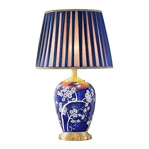 Blue And White Porcelain Ceramic Table Lamp, Bedroom Bedside Lamp Blue Neo-classical American Chinese Style Living Room Club Hotel Desktop Decoration Table Lamp (Color : Dimming switch)