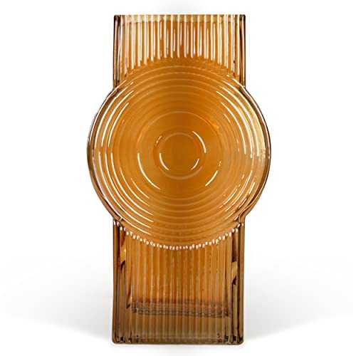 Amber Glass Vase for Modern Burnt Orange Decor, Hand Blown Geometric Circle Vase, 9” Handmade Decorative Abstract Boho Vase for Stylish Minimalist Home, Amber Vases for Decor