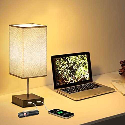 XEMQENER Grey Bedside Table Lamp with 2 USB Charging Ports, Modern Nightstand Desk Lamp with Fabric Shade for Bedroom, Guest Room, Living Room, Office, E27 Bulb