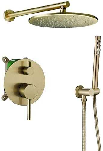 ECONOA in life Shower System, Wall Mounted Brass Brushed Gold Bathroom Rain Mixer Shower Taps Set with 8-12" Brass Round Rainfall Shower Head and Handheld Shower, Luxury Shower Set,12 inch in life