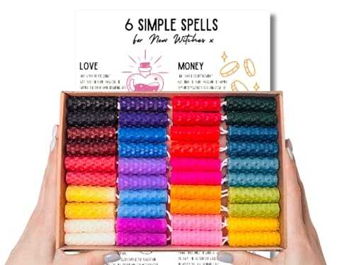 40 Pack of 2 Inch Beeswax Spell Candles | Unscented | Assorted Colours | A4 Wiccan Rede | Candle Colour Chart | Hand-rolled In The UK | Burn Time 35 Minutes