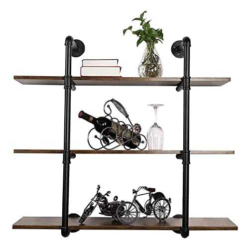 Industrial Wall Mount Iron Pipe Shelving ,36in Rustic Metal Floating Shelves, Real Wood Book Shelves,Wall Shelf Unit Bookshelf Hanging Wall Shelves, Kitchen Bar Offcie Room Storage Shelf(3 Tier)