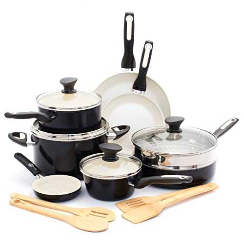 GreenPan Rio Healthy Ceramic Non-Stick 16 Piece Pots and Pans Cookware Set, Includes Frying Pans, Saucepans, Utensils, PFAS Free, Stay-Cool Handle, Oven Safe up to 160°C, Dishwasher Safe,Black & Cream