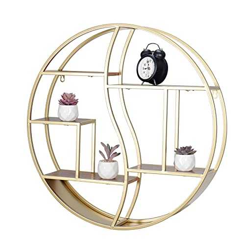 LITA Floating Shelves for Wall, Round Wood Shelves Wall Mounted Gold Circle Rustic Decorative Wall Shelf for Bedroom, Living Room, Bathroom, Kitchen, Office (Round, Gold&Wood)