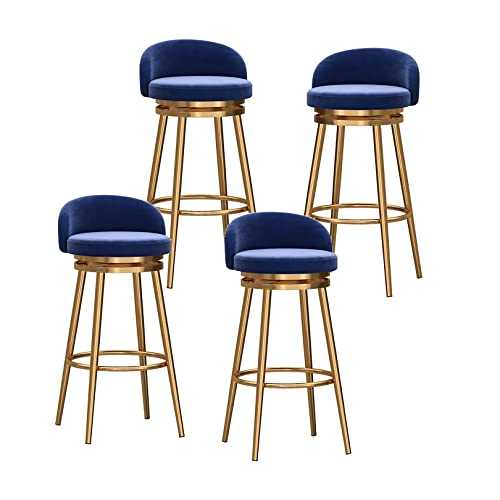 KLZUOPT Exquisite Barstools Modern Kitchen Stools Bar Chairs with Back, Modern Bar Stools Set of 4, 360° Swivel Velvet Barstools with Gold Metal Leg for Kitchen/Home Bar/Dining Room/Office, 65cm,Blue