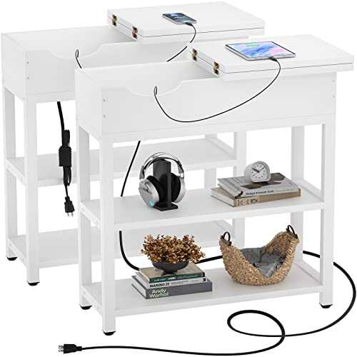 Aheaplus End Table with Charging Station, Sofa Table Narrow Flip Top with USB Ports &Outlets for Small Spaces, Side Table with Storage Shelves, Nightstand with Metal Frame for Living Room, White