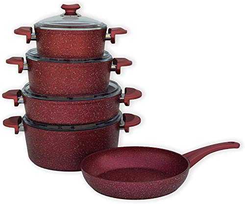 OMS Granite Professional Non-Stick Cookware Set Casserole Pot Frying Pan Stainless Steel Red - 3002 - Made in Turkey