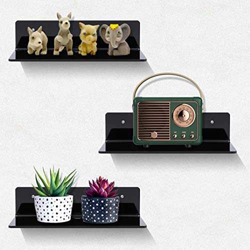 SPOKKI 3 Pack Acrylic Floating Shelves, Multifunctional Small Wall Shelf , Bathroom Kitchen Stick on Shelf with Cable Clips, Screws and Stickers (Black)