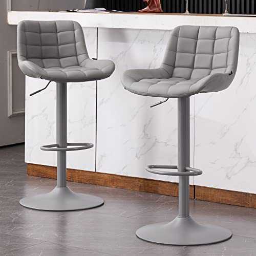 YOUTASTE Bar Stools Set of 2 Grey Comfortable PU Leather Padded Breakfast Barstools with Backs Luxury Metal Adjustable Height Bar Chairs for Kitchen Counter Island