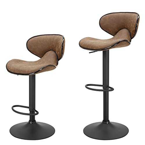 Finnhomy Bar Stools Set of 2 Counter Height, Swivel Barstools with Footrest and Back, Height Adjustable Modern Bar Chairs, Vintage Leather, Retro Brown